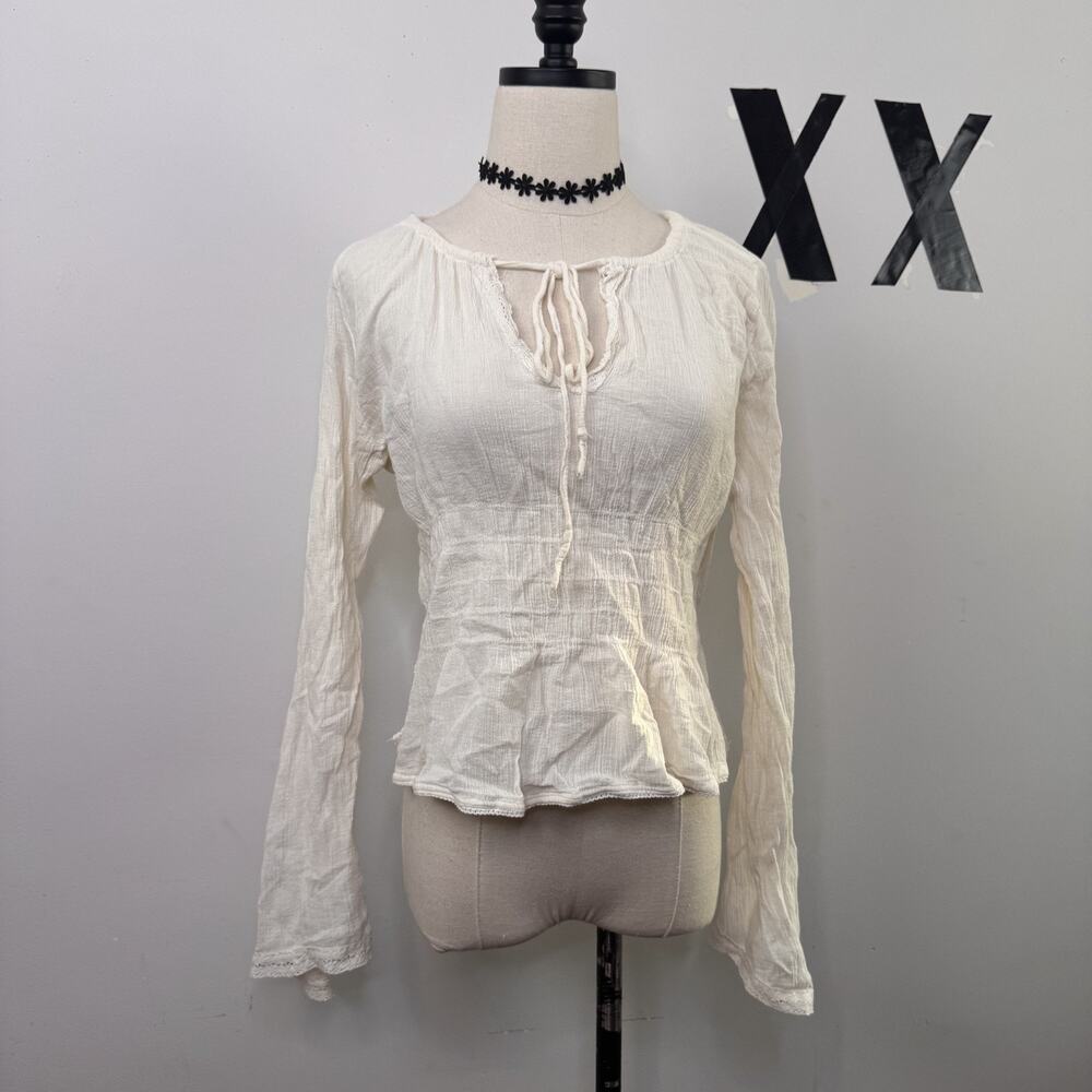 Vintage Y2K White Peasant Boho Top Smocked Waist Tie-Front 90s Fairy Indie L